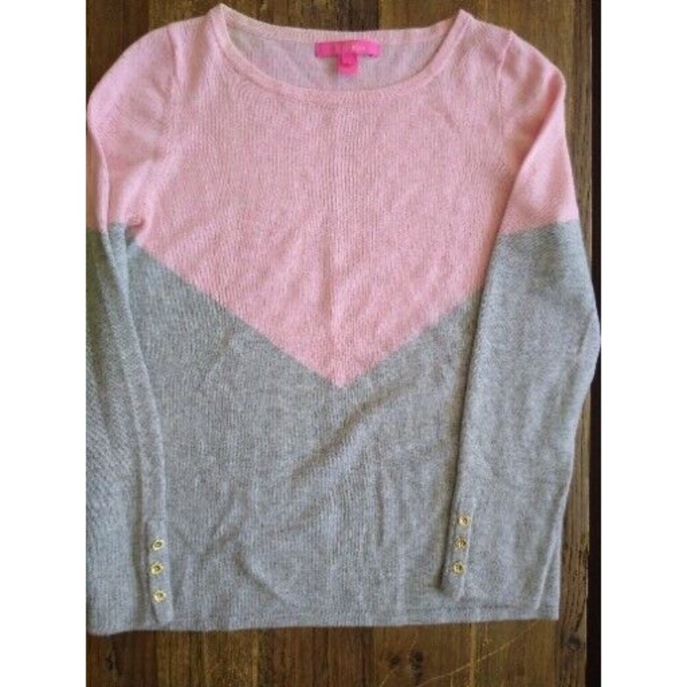 Lilly Pulitzer Brigitte Cashmere Sweater 90s Y2K Retro Pink Grey ChevronSoho SzM